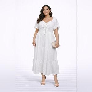 BloomChic White Ruched Drawstring Tiered Midi Dress 18W | Cottagecore Boho Flutt
